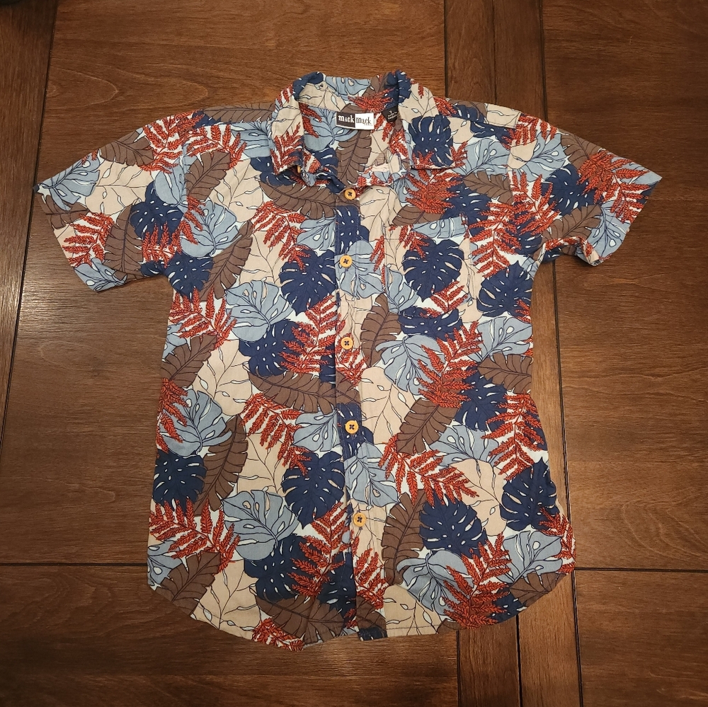 Kids Tropical Leaf Button Down Shirt - Blue, Red, and Cream Mick Mack Size 7